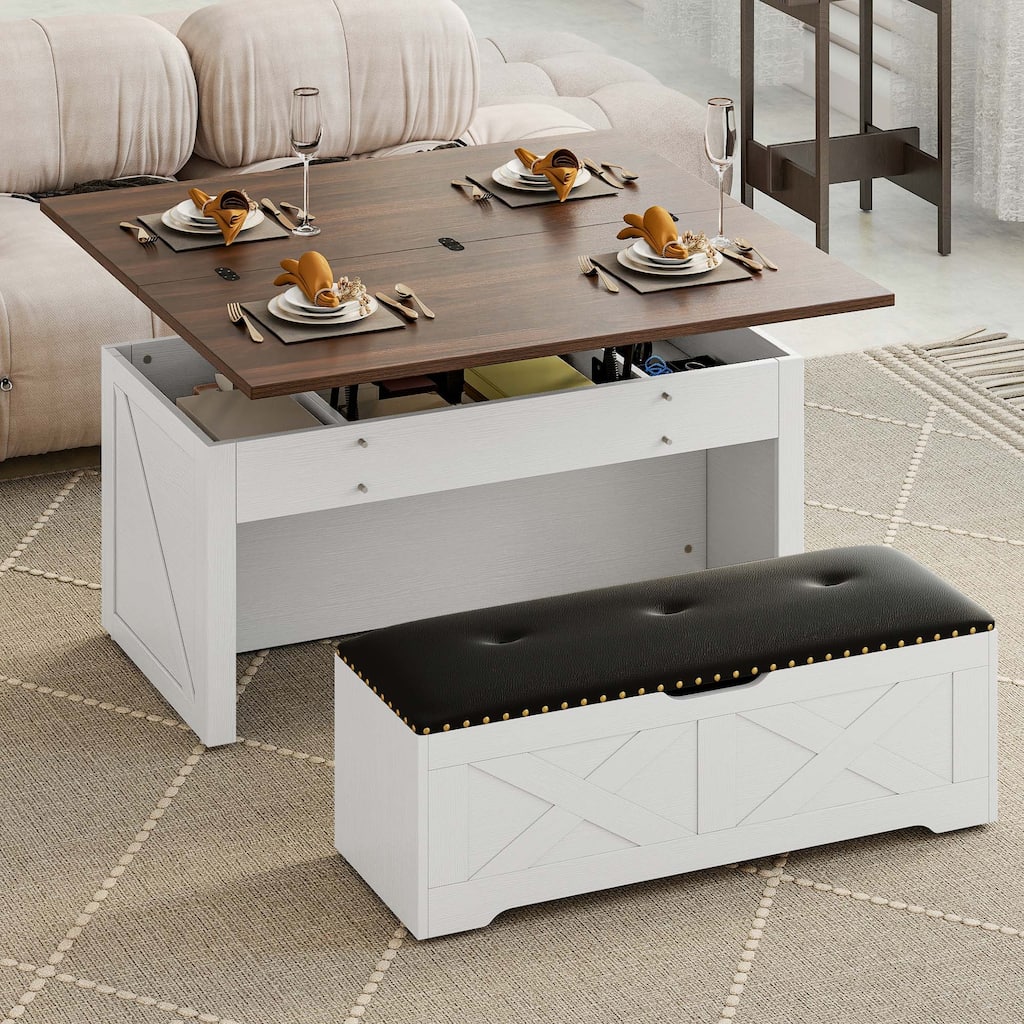Moasis Farmhouse Lift-Top Coffee Table Dinning Center Table with Storage Ottoman Bench Set