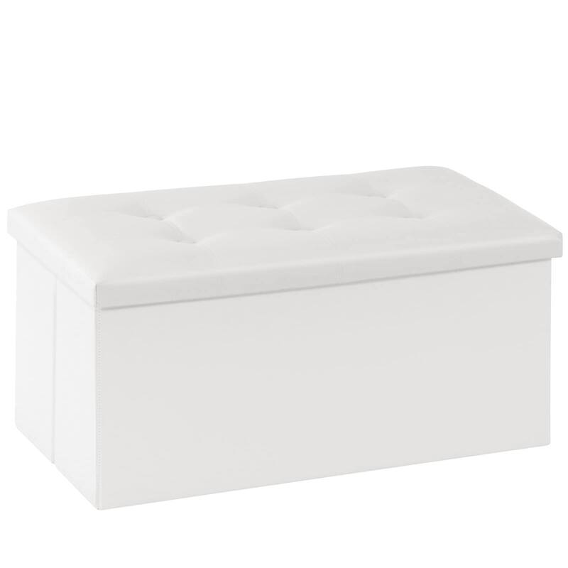 Folding Storage Ottoman Bench, Faux Leather Footrest Couch for Living Room, 30 inch Storage Bench with Padded Seat - White