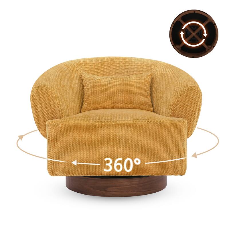 Chenille Upholstered Swivel Barrel Accent Chair with Solid Wood Base for Living Room