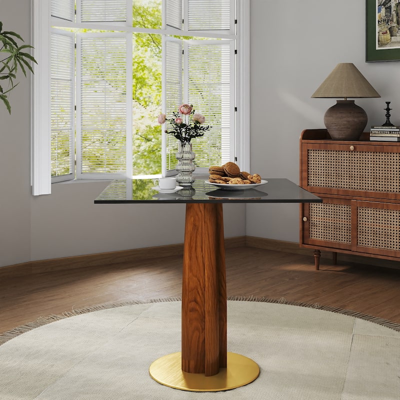 Modern Square Dining Table, 33.5" Tempered Glass Table with Wooden Leg & Gold Base, 2 - Person Kitchen Table for Small Space