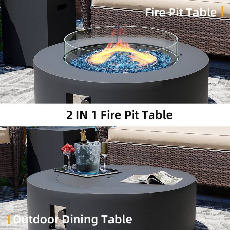 Patio Watcher iron outdoor fire pit table with gas tank cover, lid, and glass wind guard