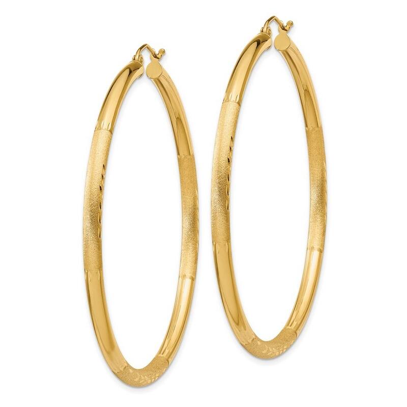 Curata 14k Yellow Gold Satin and Sparkle Cut 55x3mm Round Hoop Earrings