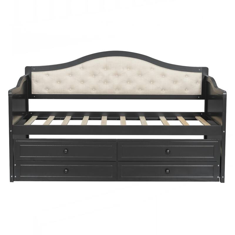 Twin Daybed with Trundle, Twin Size Daybed with 2 Storage Drawers, Wooden Sofa Bed with Upholstered Button Tufted Backrest