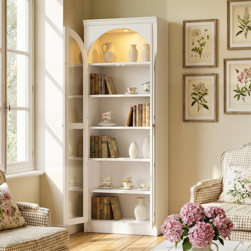 Modular White Bookcase with LED Lights & Glass Doors, 86.6" Tall Arched Display Cabinet Solid WoodStorage Cabinet - 31.5"W(Glass Door)Only