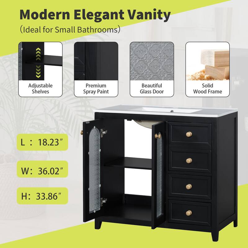 Bathroom Vanity with Ceramic Sink, Bathroom Cabinet with 2 Glass Door and 3 Drawers, Vanity Set with Adjustable Shelf