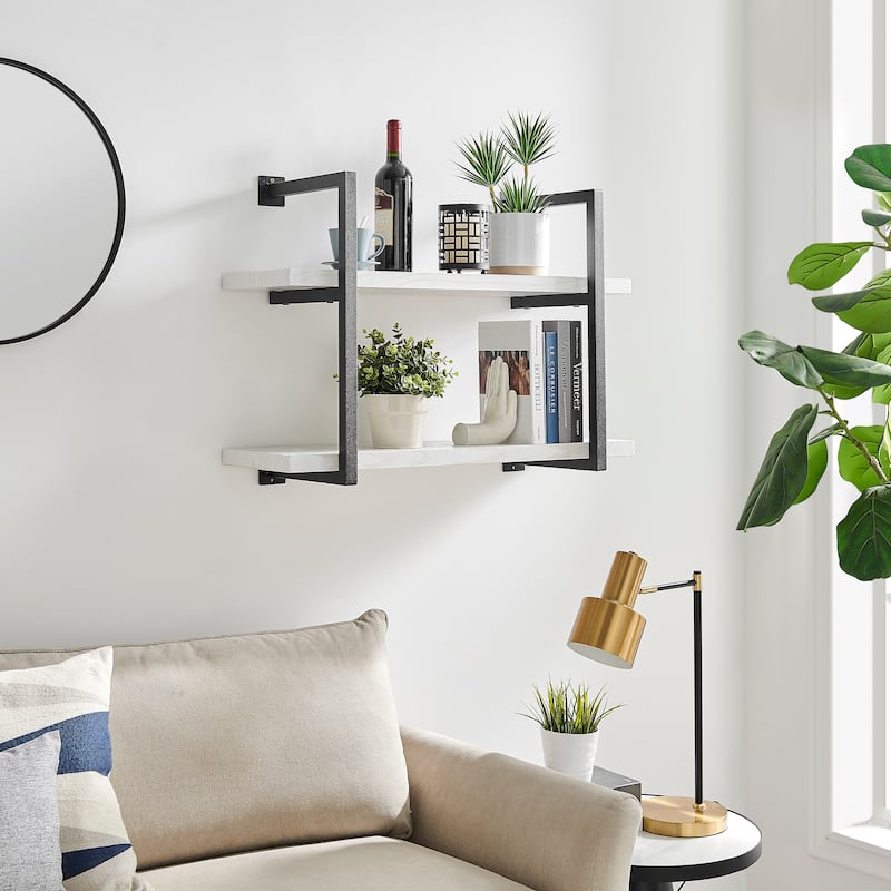 Danya B. Modern 2-Tier Hanging Bracket Wall Shelves in Black Metal and White Birch Finish