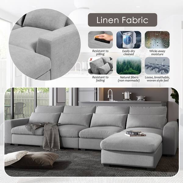 Lshape Feather Filled Sectional Sofa Set Convertible Couch Set with Movable Ottomans and Lumbar