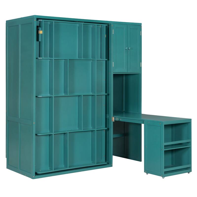 Twin Size Rotating Murphy Wall Bed with Bookshelf, Top Cabinet, Modern Foldable Cabinet Bed with Extendable Desk, Side Storage