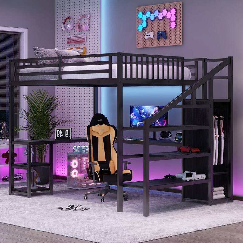 Metal Full Size Loft Bed with Wardrobe, LED Light & L Shaped Desk, USB for Kids Teens Adults, Black - Queen