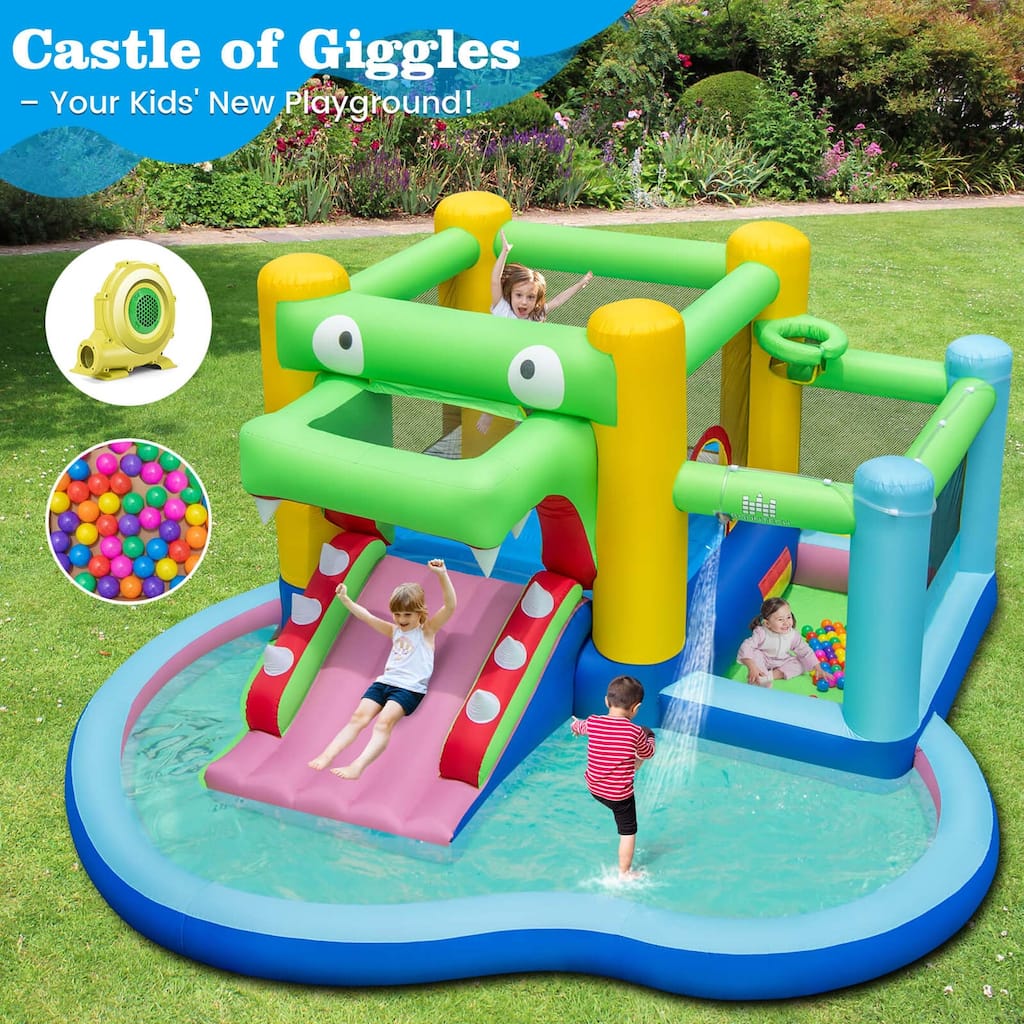 Inflatable Bounce House w/Slide Splash Pool Ball Pit & Basket Hoop - Multi-color