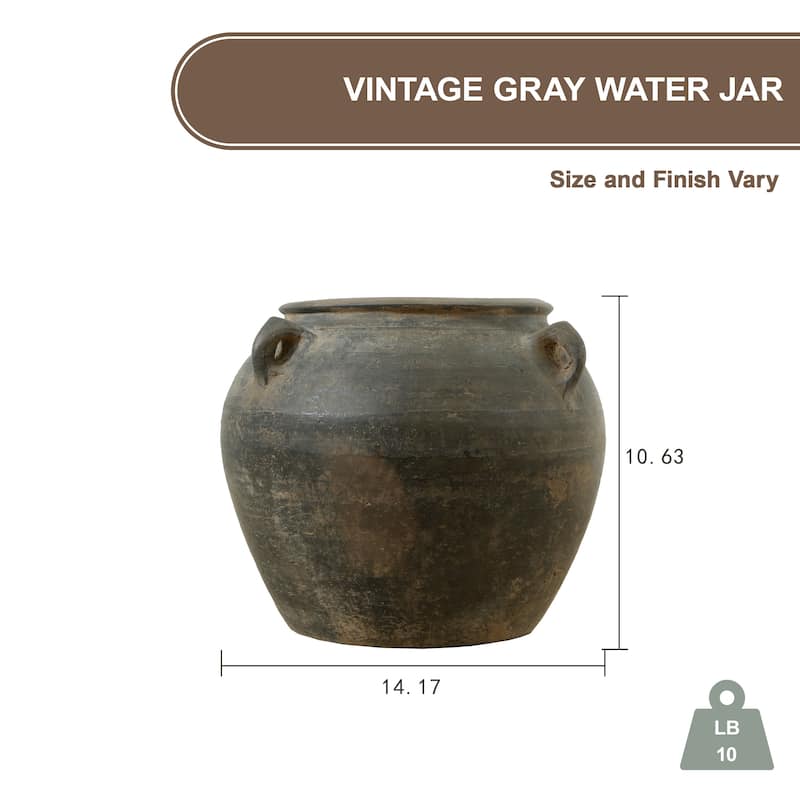 Artissance 14.2"W Large Gray Pottery Indoor Outdoor Vintage Water Jar w/4 Handles, Home and Garden Decor (Color & Size Vary)