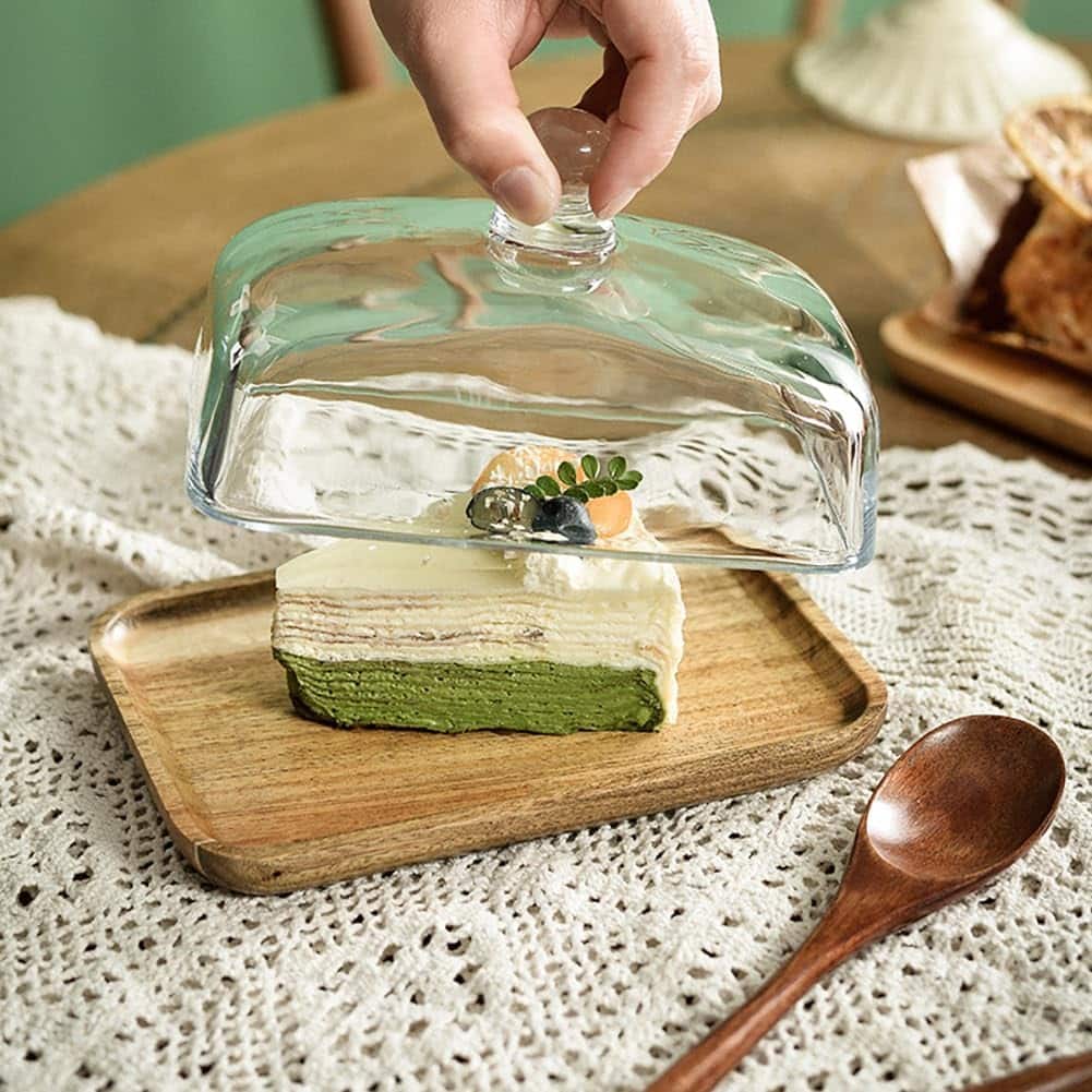 Wooden Butter Dish with Glass Lid, Cheese Rectangle Cake Display Tray - 18x12x10cm