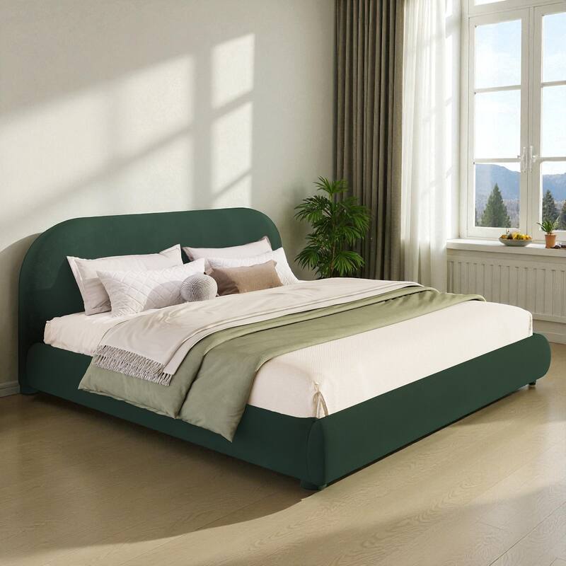 Modern Fabric Upholstered Bed with Curved Headboard, Strong Metal Frame, Queen/King Size Platform Bed