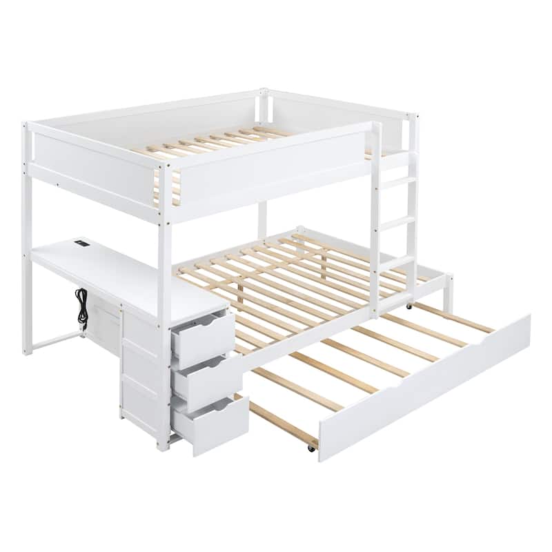 Full-Over-Full Bunk Bed with Twin size Trundle, Storage and Desk, Gray