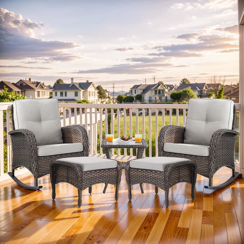 Pocassy Outdoor Wicker Patio Chairs Set - Brown Wicker Beige Cushion - 2PCS Rocker Chairs w/ 2PCS Ottoman