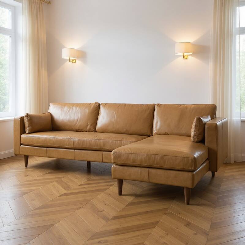 HomeRoots Tan Genuine Leather L Shaped Sofa and Chaise Sectional With Toss Pillows - Right Facing - Tan