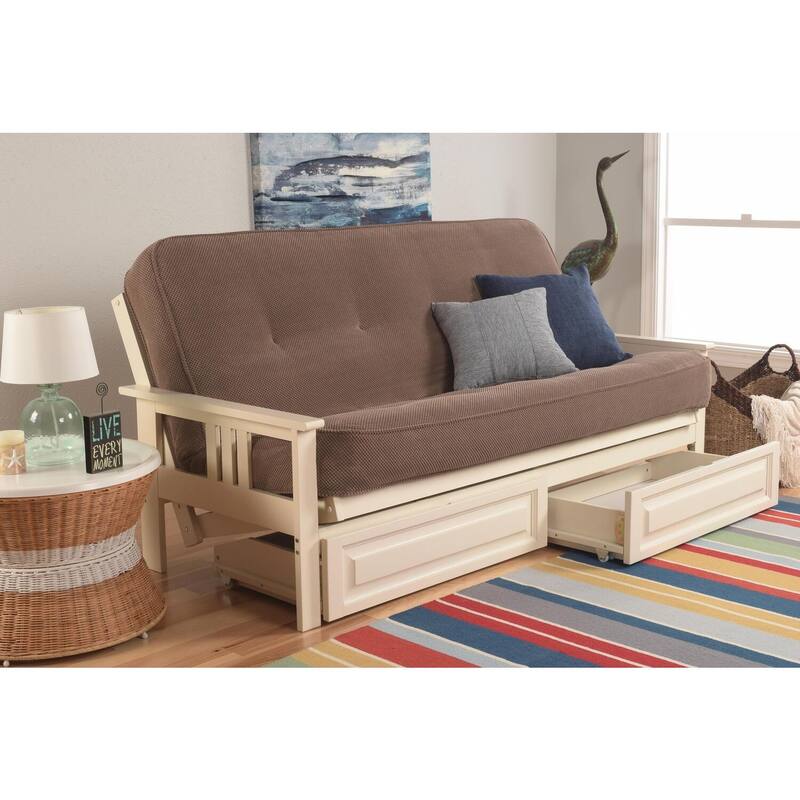 79 in. Antique White/Marmont Mocha Polyester Upholstered Full Size Futon Set with Mattress and Storage Drawers
