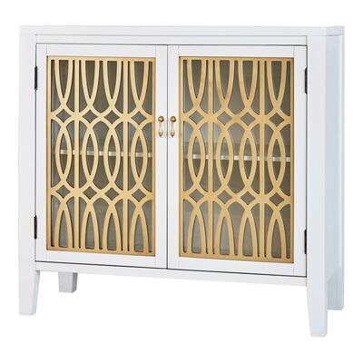 1 Shelf Accent Cabinet with Fretwork Design Front, White and Gold