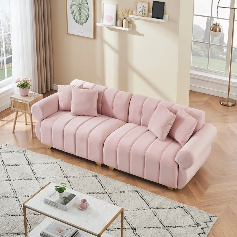 spring-wrapped Sofa cushions with stylish metal feet and 4 throw pillows