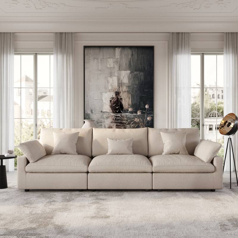 Oversized Modular Sofa with Pillows, Linen Blend Fabric Minimalist Deep Seat Sofa Couches for Living Room, Khaki - 3-Seat