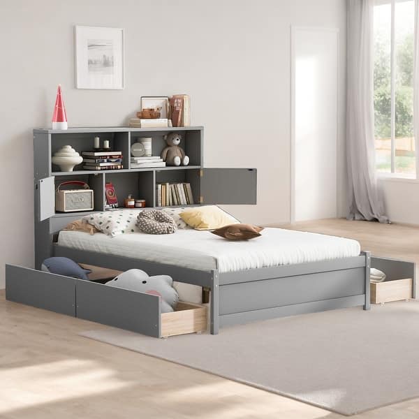 slide 2 of 24, Full Size Platform Bed with Storage Headboard, Charging Station and 4-Drawers, Grey Grey