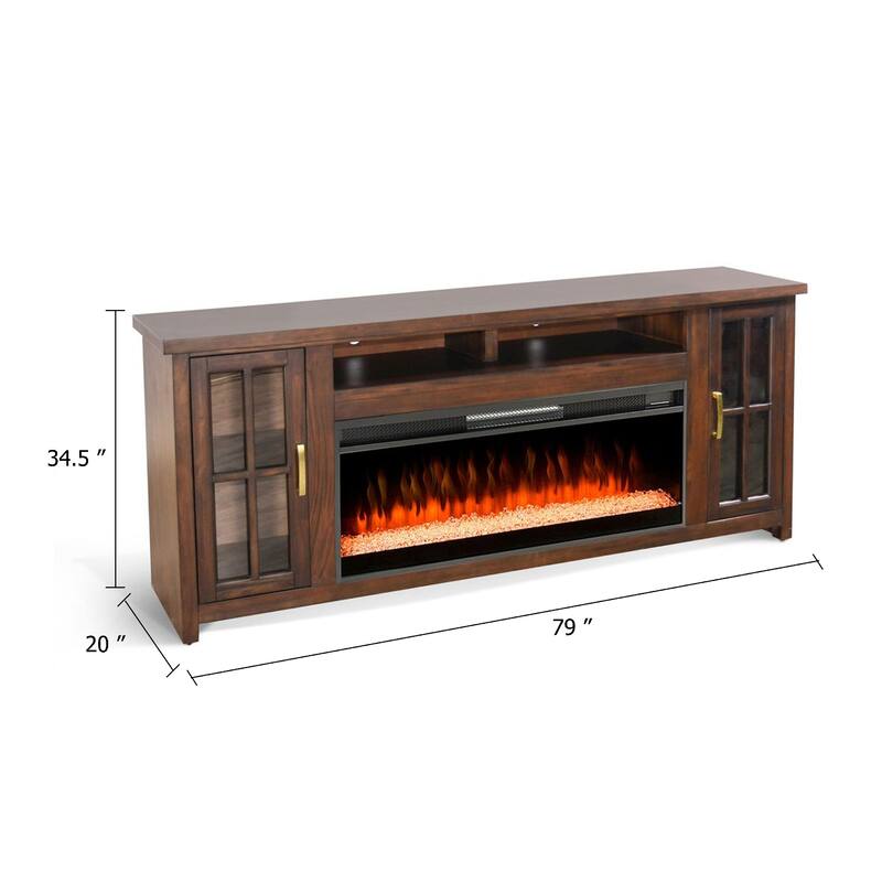 Gery TV Media Console w Crystal Fireplace, 76 Inch, 2 Cabinets, Brown