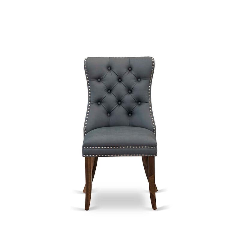 Parson Dining Chairs Set of 2 - Gray Faux Leather Padded Chairs with Nailhead Trim - Antique Walnut Legs