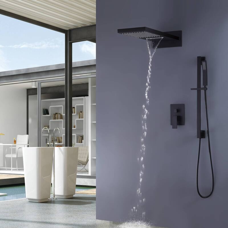 Wall Mounted Shower System With Handheld Shower 22*9 Inch Waterfall Shower Head Matte Black Shower Faucets Kit With Slide Bar
