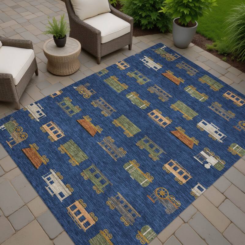 Machine Washable Indoor/ Outdoor Modern Train Chantille Rug