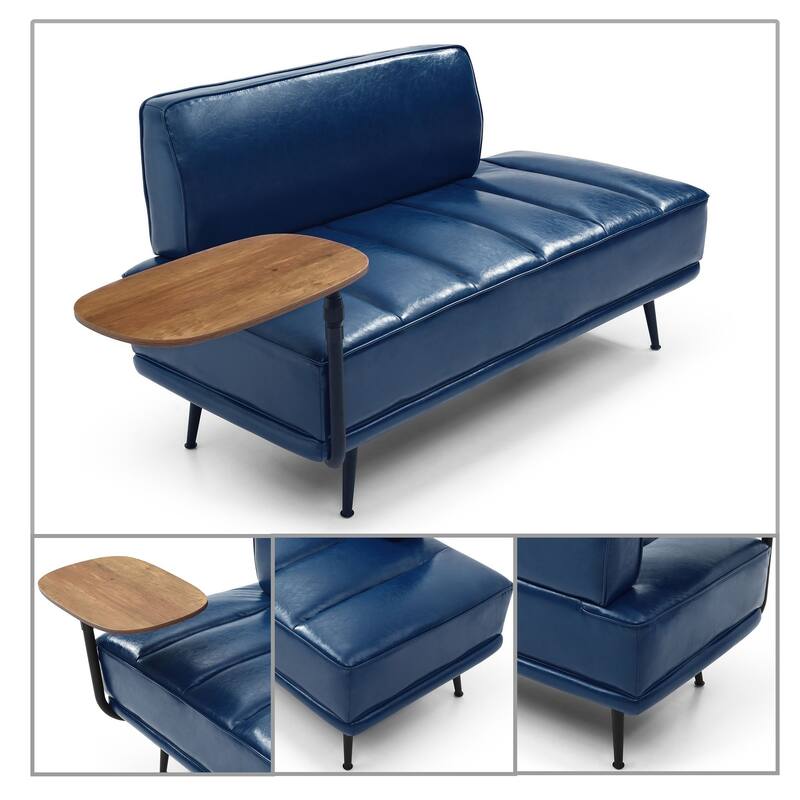 Modern minimalist bench with upholstered backrest and 360-degree swivelling side table, metal legs