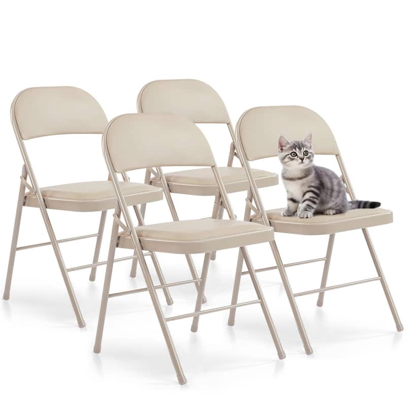Folding Chairs with Padded Seats - PU Leather Foldable Chair for Home and Office, Indoor and Outdoor Events - Set of 4 - Kahki