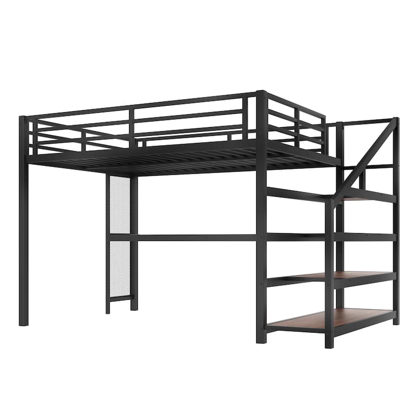 Queen Loft Bed with Desk and Storage Stairs, Metal Loft Beds with LED Lights, USB Ports, Multifunctional Iron Nets