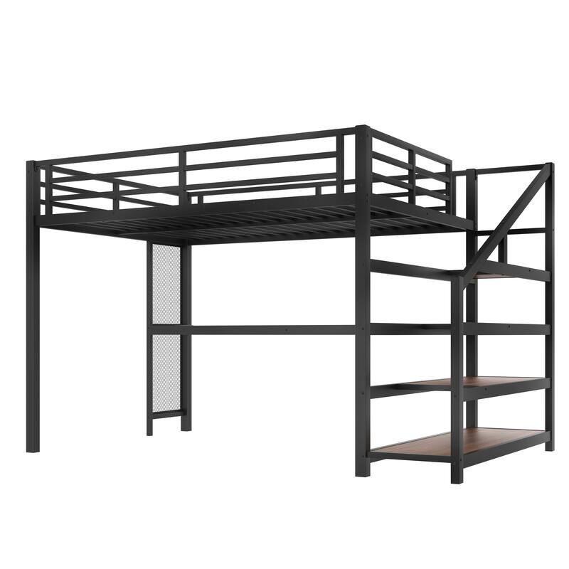 Queen Size Loft Bed Frame with Built-in Desk, Storage Stairs, LED Lights, Charging Station and Multifunctional Iron Nets