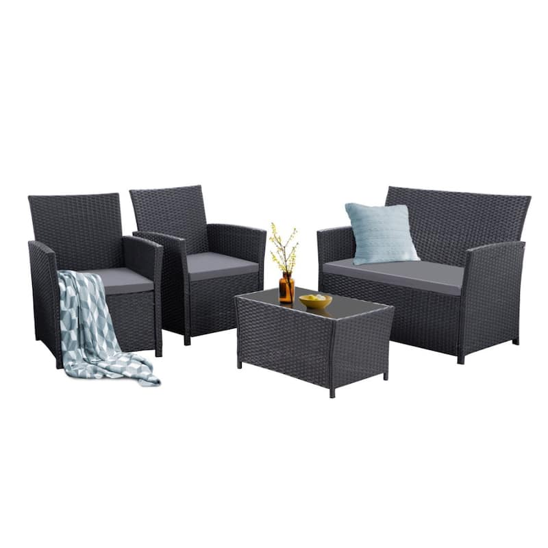 4-Piece Wicker Outdoor Sofa Set, 1 Loveseats, 2 Single Sofas, 1 Table