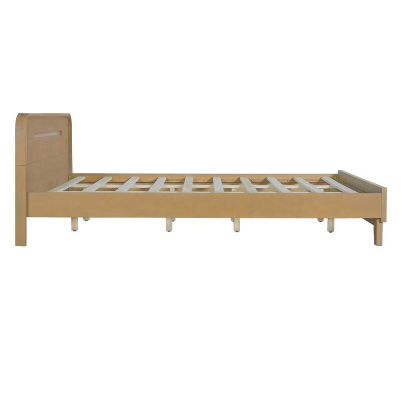 Rustic Pine Wood Bed Frame Low-Profile Platform Bed with Panel Headboard Solid Wood Slat Support and Extra Wide Thickened Legs