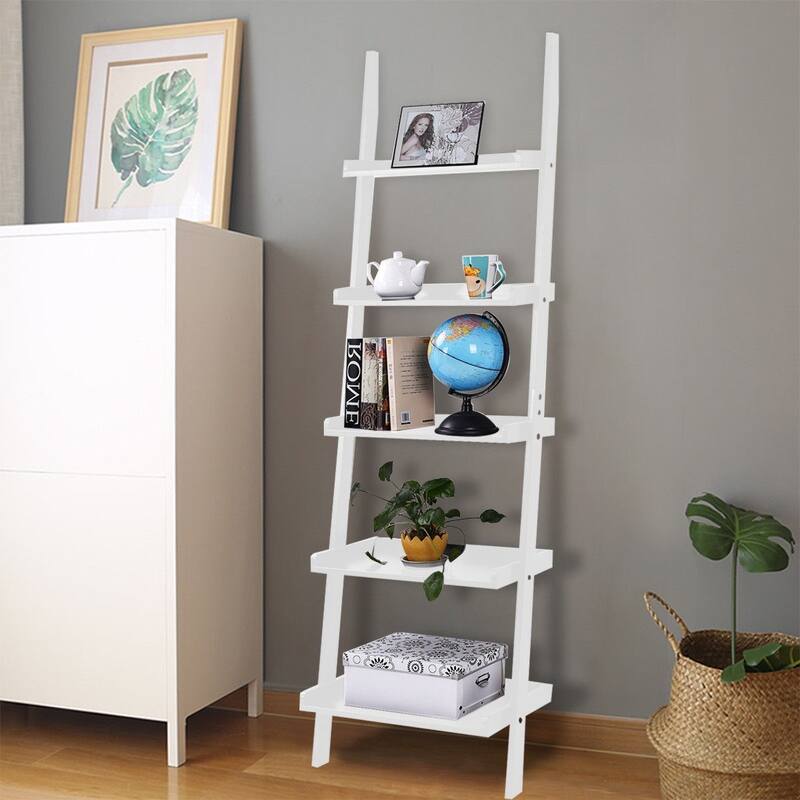 5-Tier Leaning Wall Display Bookcase-White - 22.0" x 12.8" x 74.8"(L x W x H)