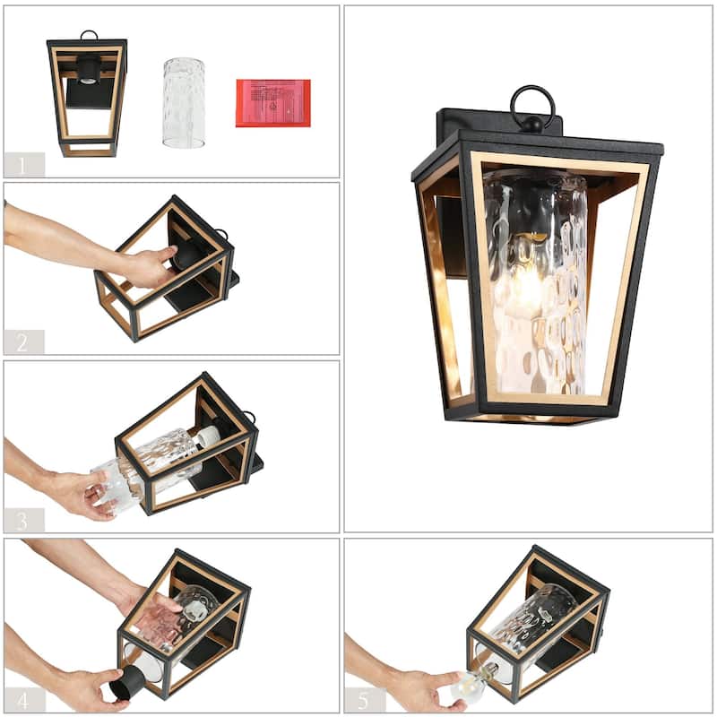Modern Farmhouse 1-Light Black Gold Outdoor Wall Sconces Transitional Porch Lantern with Water Rippled Glass Shade