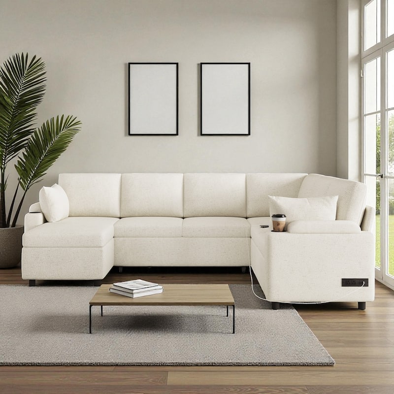 109.9" U-Shaped Convertible Sectional Sofa Bed with Storage Chaise Cup Holders Power Outlets USB Ports Chenille Couch