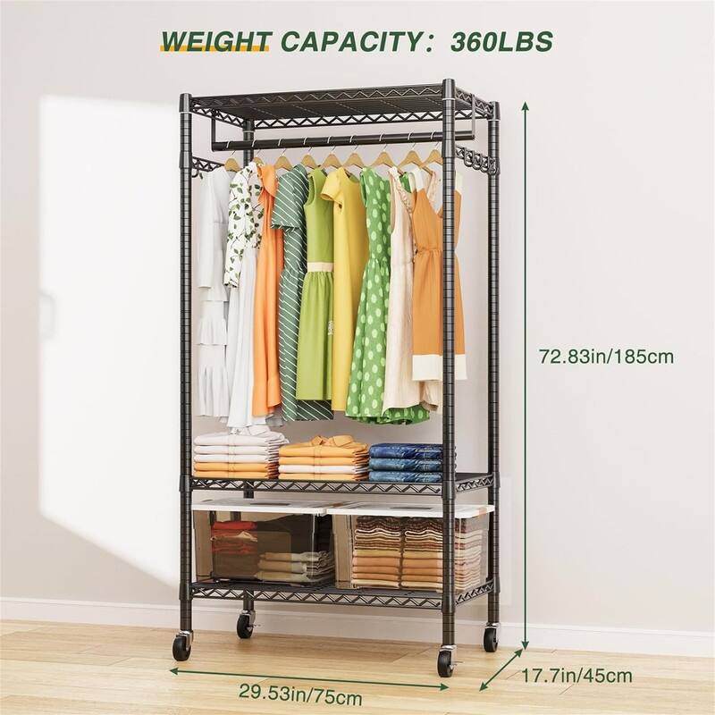3 Tiers Rolling Garment Rack for Hanging Clothes - 17.71"D x 29.53"W x 72.83"H