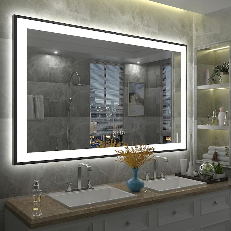 Full Size Back & Front LED Lighted Anti-Fog Tempered Glass Framed Wall Bathroom Vanity Mirror - 55" x 36"