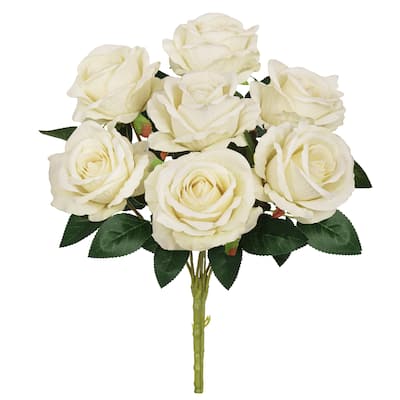 Set of 2 Ivory Artificial Velvet Rose Flower Stem Bush Bouquet 16in - 16" L x 11" W x 11" DP