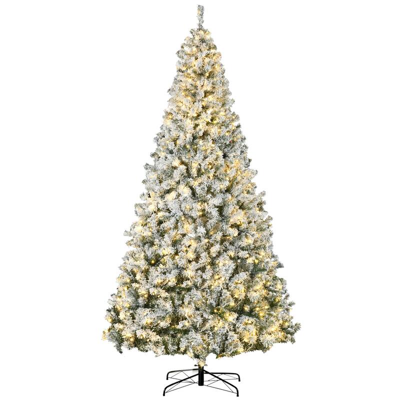 9ft Tall Prelit Artificial Christmas Tree Holiday Décor with 1868 Snow Flocked Branches, 600 Warm White LED Lights - Green