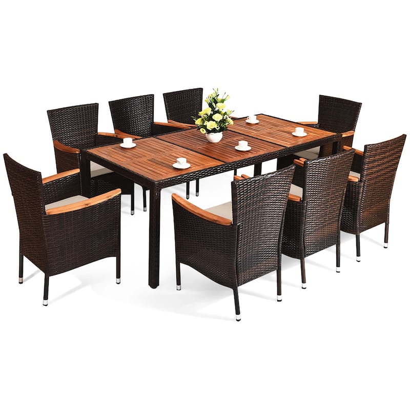 9 PCS Patio Dining Set Outdoor Rattan Stackable Conversation Set - Brown+Beige