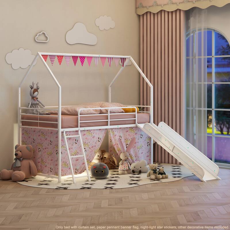 Metal Junior House Twin Loft Bed with Slide and Curtain Set and Pennant Banner Flag and Star Stickers