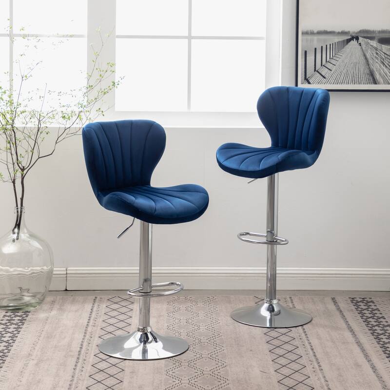 Set of 2 Adjustable Swivel Barstools with Upholstered Bucket Seats and Chrome Footrest. - Blue