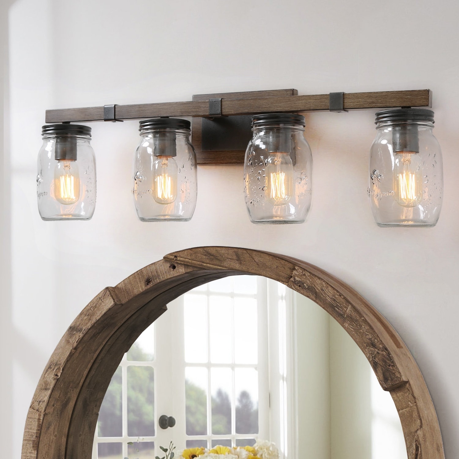 Kole Farmhouse 4-Light Mason Jar Bathroom Vanity Lights Glass Rustic Wall Sconces - W29"xH9"xE6"