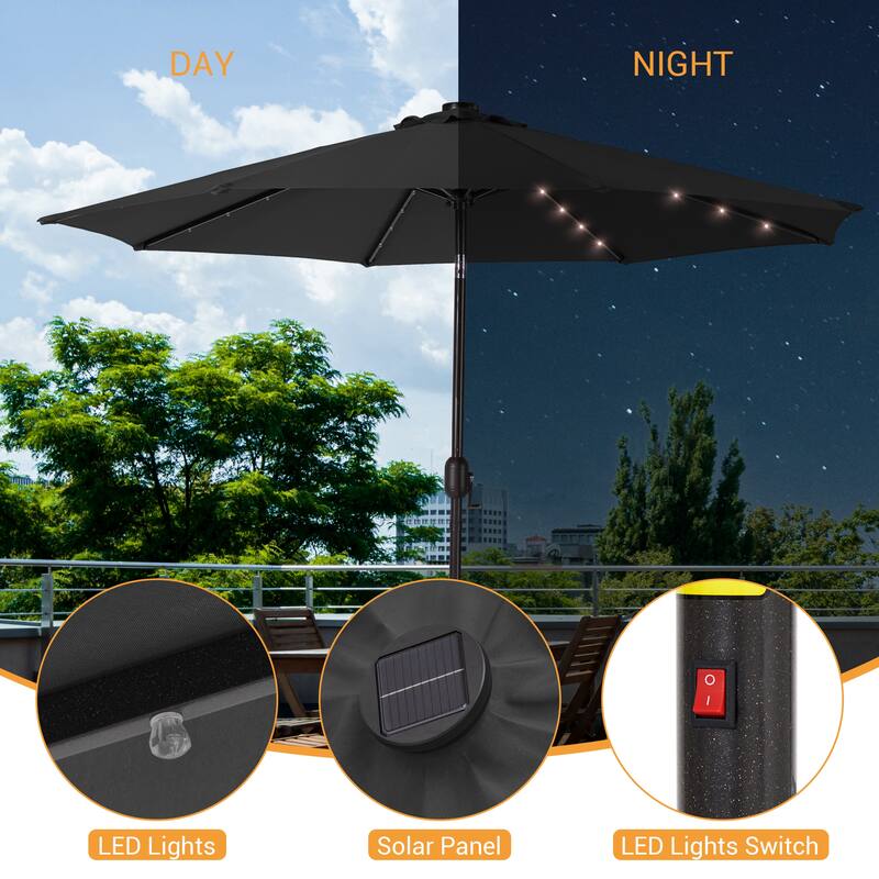LIVOOSUN 9Ft Solar-powered Large Round Outdoor Patio Market Umbrella with Crank