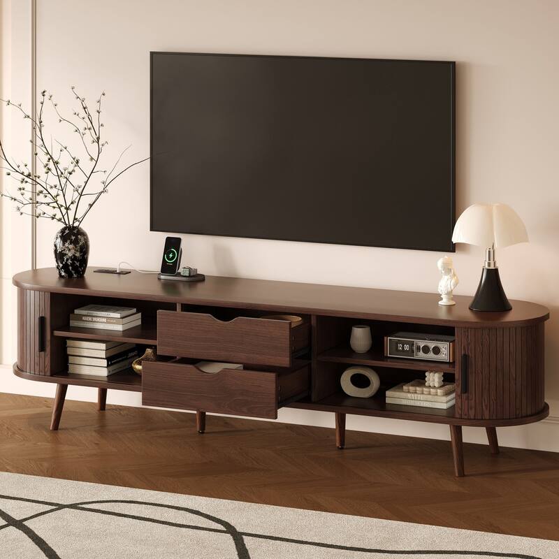 70 in Modern TV Stand with Rattan Doors - n/a