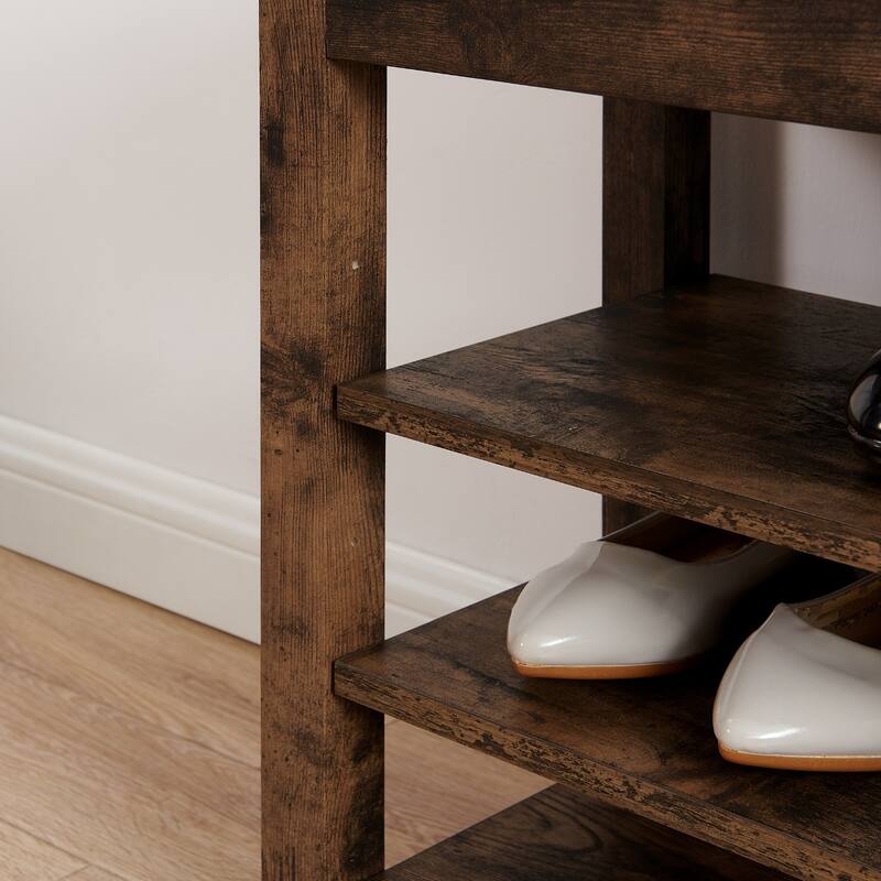 Height-Adjustable Shoe-Changing Bench With Comfortable Seat And Concealed Storage Space,Featuring Charcoal-Grained Wood
