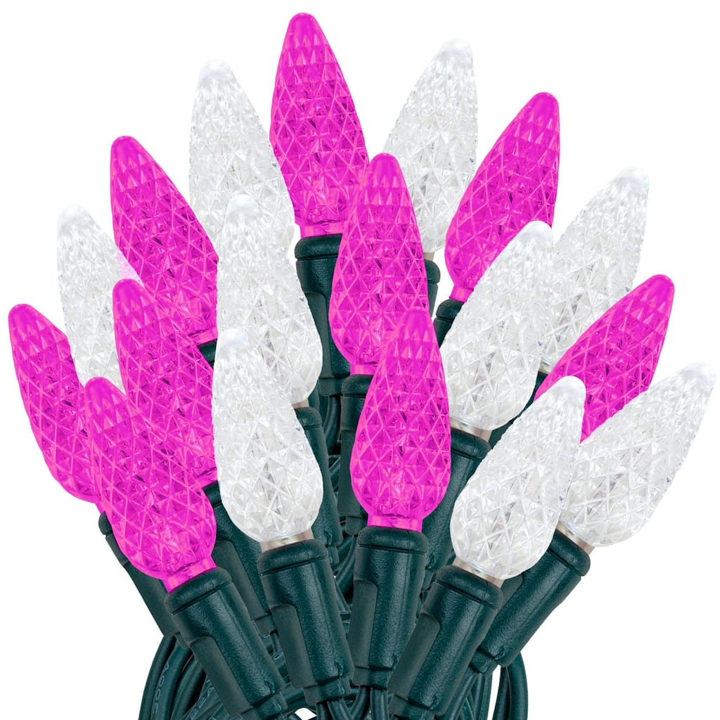 70 Light C6 LED Christmas Mini Light Set, Pink/Pure White, Green Wire, 24 Feet - Large